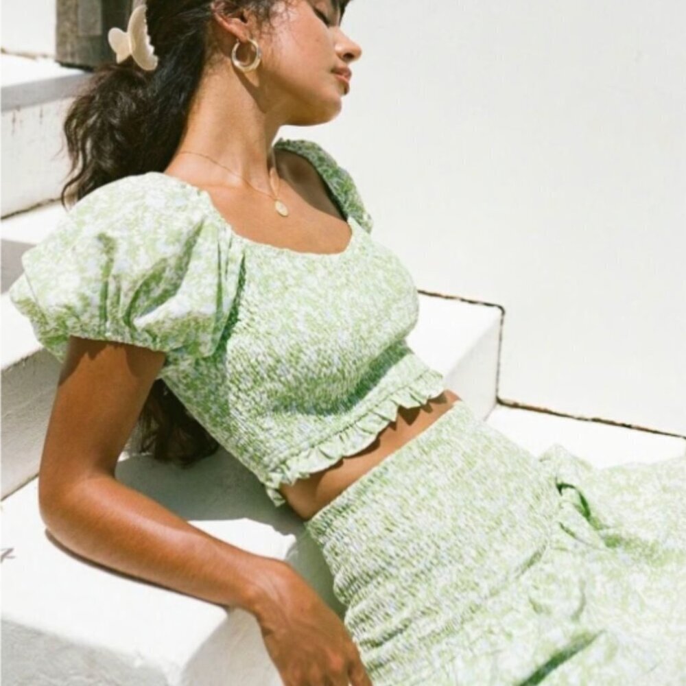 Sabo Monaco Skirt Shirred Leti Top 2 Piece Set Floral Stretch Green Size XS - Picture 10 of 10
